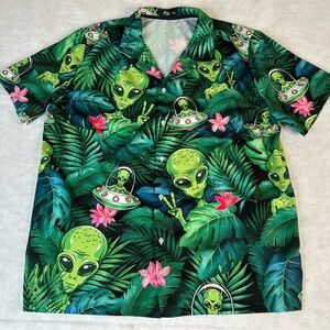 ACE Alien Shirt Mens XL Green Floral Hawaiian Short Sleeve Button Up